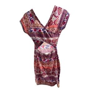 Colorful Patterned V-Neck Mini Dress with Center Cut-Out